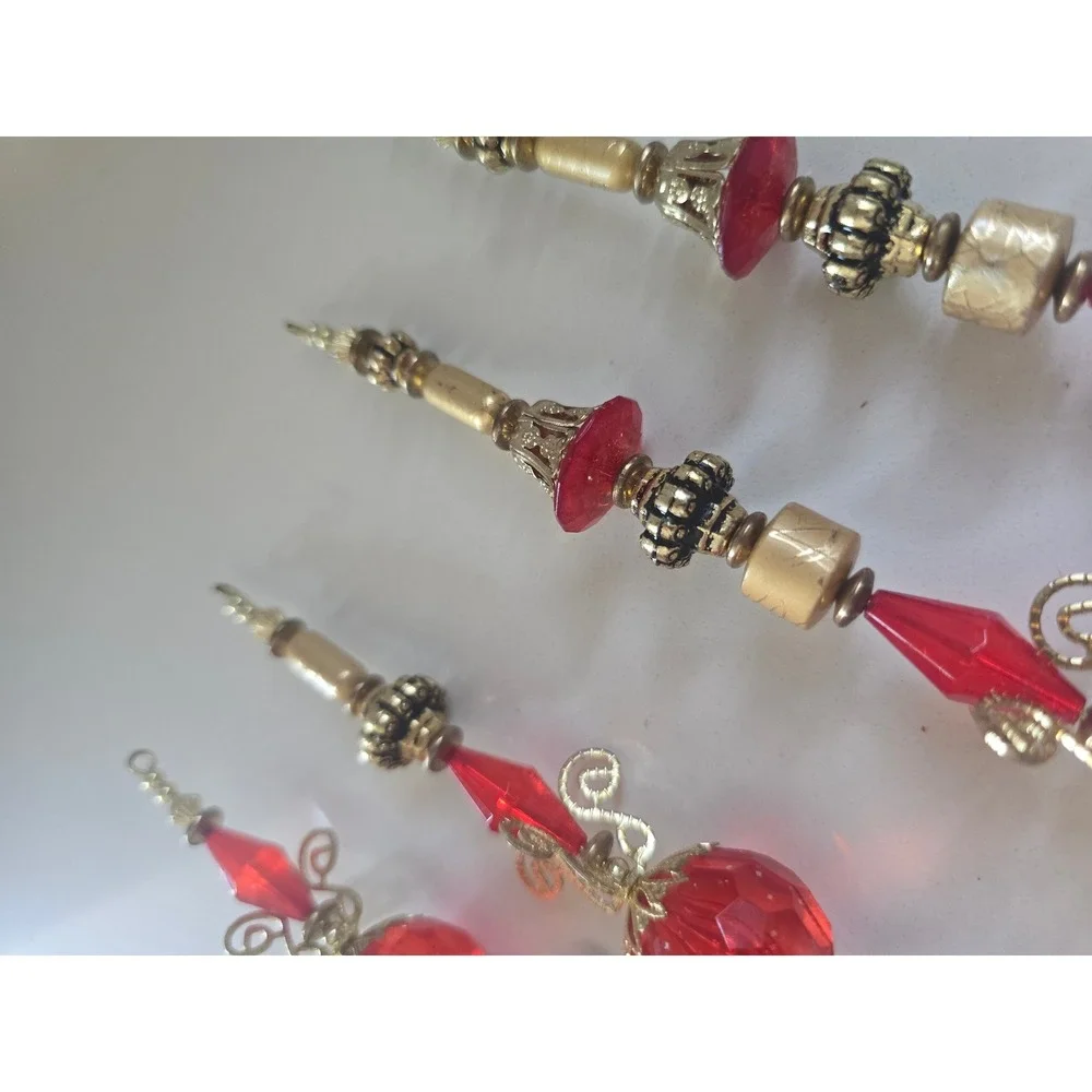Vintage Style Red and Gold Beaded Icicle Christmas Ornaments Set of 4 Hanging